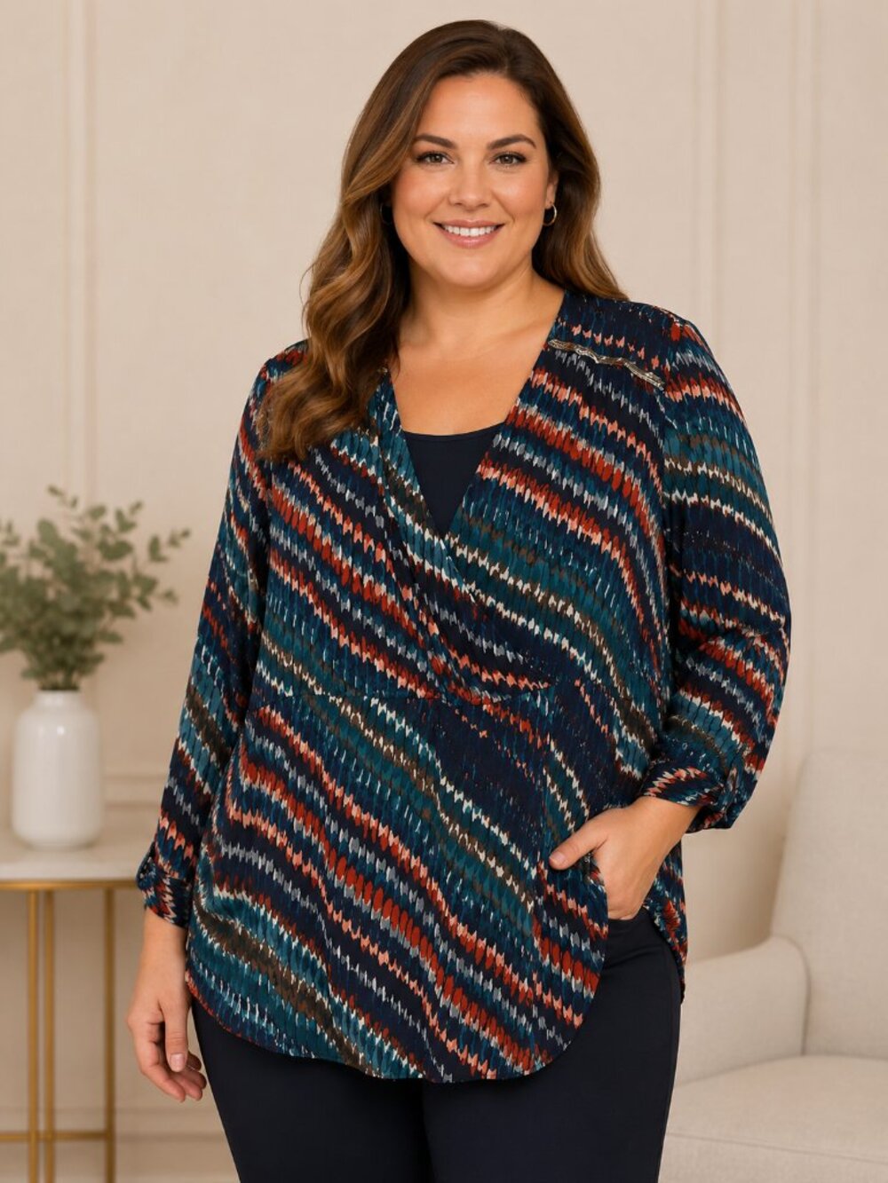 Cato Woman Plus Size Printed Faux Wrap Blouse 22/24W Colorful Tunic Top